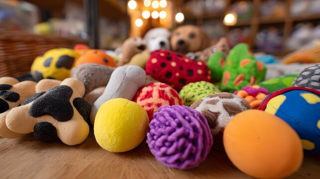 A vibrant collection of colorful and textured pet toys including plush balls and bones displayed on a wooden surface with soft lighting