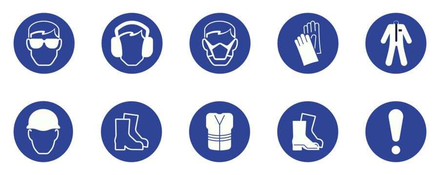 Personal protective equipment safety icons set showing helmet, gloves, boots, mask, goggles, vest, clothing and warning symbol, ideal for workplace safety signs, manuals and industrial protection use.
