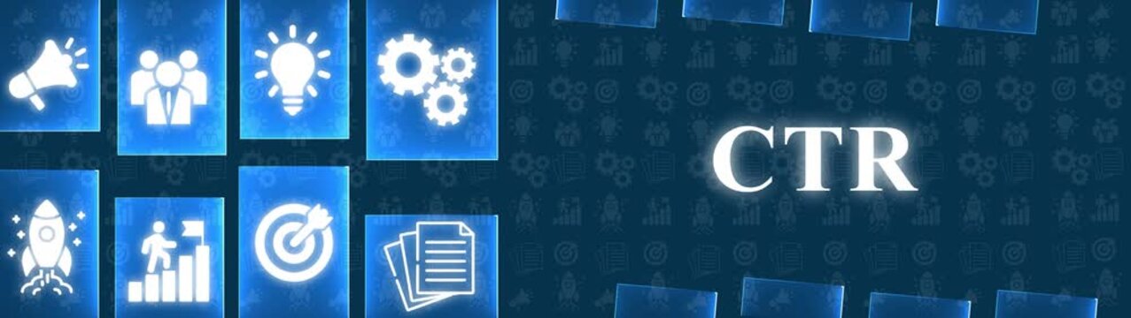 Digital Marketing Concept CTR Click Through Rate with Icons and Gears on Blue Background marketing strategy