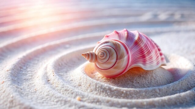 A pink seashell sits in the sand on a serene beach at sunset