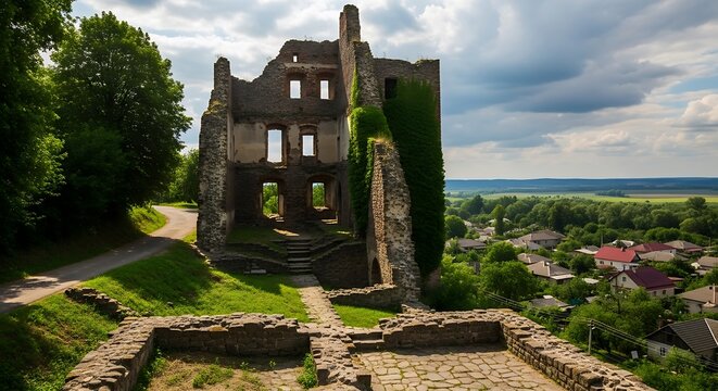 Ancient stone ruins stand tall against a cloudy sky overlooking a village.