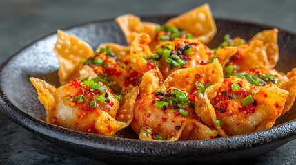 Fototapeta premium Crispy fried wonton wrapper filled vibrant zesty mixture of spicy Korean chili paste chopped pickled daikon radish clean professional stock photo sharp macro photography style cinematic realism ultra