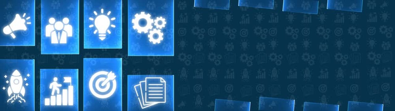 Business Strategy Icons and Seamless Pattern of Growth and Success Symbols on Blue Gradient Background