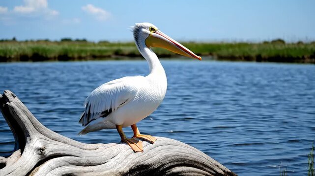 White pelican perched on driftwood by serene lake with lush greenery