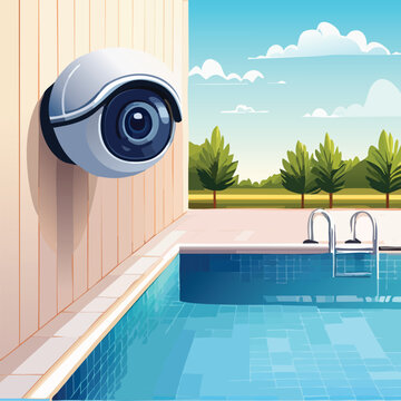 Modern security camera overlooking pool outdoors