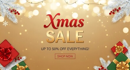 Naklejka premium Christmas sale banner with presents and festive decorations on golden background