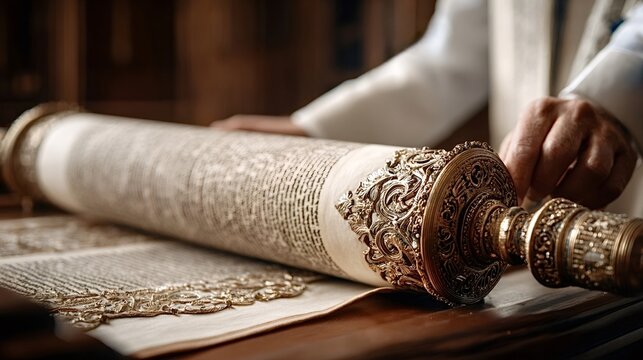 Rabbi's hands carefully unrolling a beautifully ornate torah scroll, displaying the ancient hebrew text and intricate golden details, symbolizing tradition, faith, and religious study in judaism