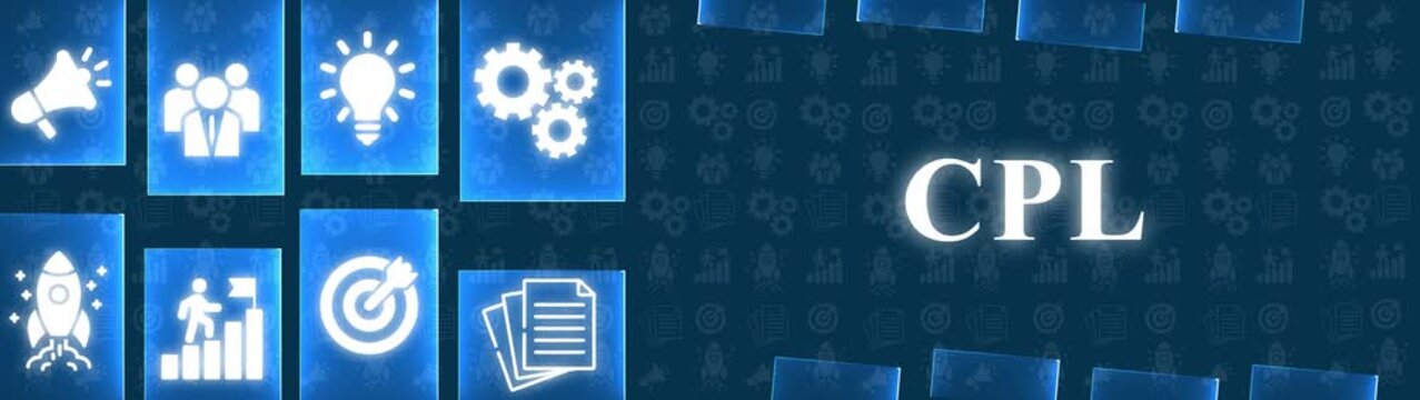 CPL Acronym and Business Icons on Blue Gradient Background with Repeating Growth Symbols cost per lead