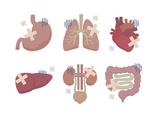 Sick Stomach, Lungs, Heart, Liver, Kidneys and Intestines &ndash; Flat Medical Illustration