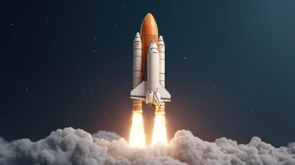 Naklejka premium Majestic Rocket Launching Into Space Amidst Clouds and Stars with Powerful Engine Flames Glowing in the Night Sky