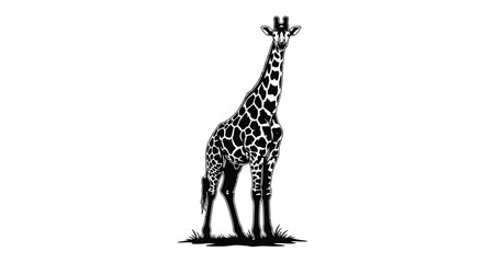 A tall giraffe stands on grass with a white background looking upwards with its distinctive black and white spots symbolizing wildlife and nature © Tuli