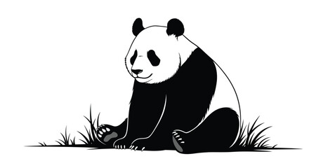 Giant panda bear sitting on grass with white background black and white illustration animal portrait with a calm expression © Tuli