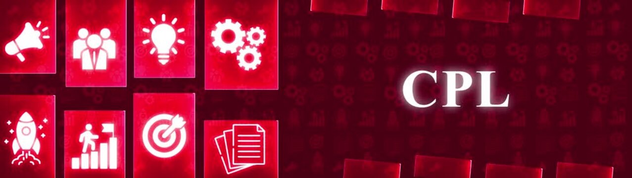 CPL Acronym and Business Icons on Red Gradient Background with Repeating Growth Symbols cost per lead