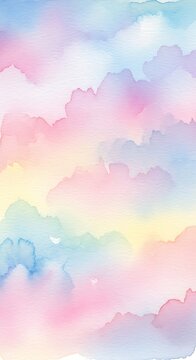 Soft pastel watercolor clouds create a dreamy sky background.