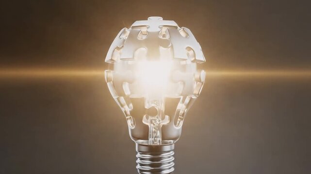 Conceptual representation of a lightbulb constructed from interlocking puzzle pieces against a dark background