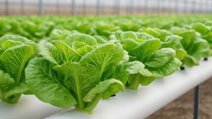 Lush Green Lettuce Rows in a Modern Greenhouse Setup Showing Thriving Indoor Agriculture Techniques
