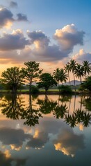 Obraz premium Tropical trees and clouds reflected in calm water at sunset.