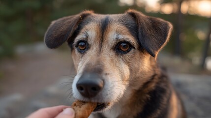 A dog happily takes a treat offered by a hand during golden hour in an outdoor natural setting