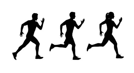 Three silhouettes of runners in different stages of a race