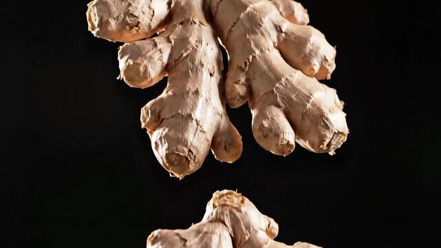 Fresh ginger roots floating in air against black background for spice concepts