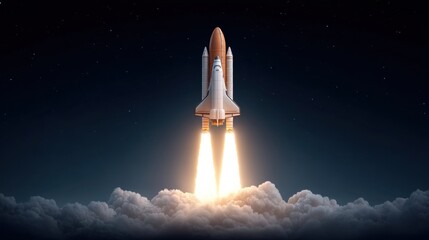 Naklejka premium Stunning Space Shuttle Launch at Night with Blazing Flames and Bright Contrails Against Starry Sky