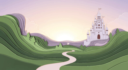 Naklejka premium Dreamlike illustration of a winding path through lush green layered hills, leading to a majestic fantasy castle bathed in the soft glow of a sunrise, evoking adventure and serenity