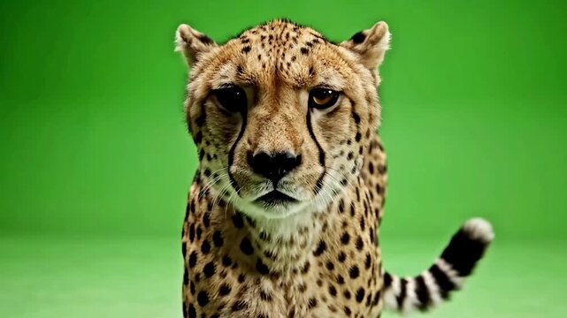 A beautiful cheetah walks slowly towards the camera, then stops and gazes intently. Filmed on a green screen for easy keying, perfect for wildlife projects.