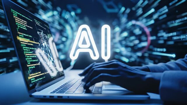 Person typing on laptop with AI code