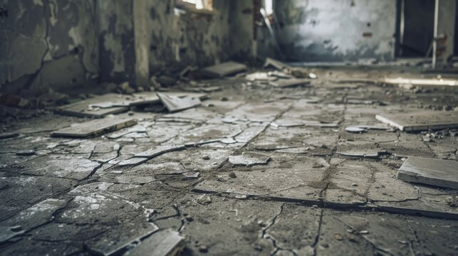 An abandoned room with a dirty, cracked floor. The walls show signs of decay and neglect. Dust and debris are scattered throughout the space.