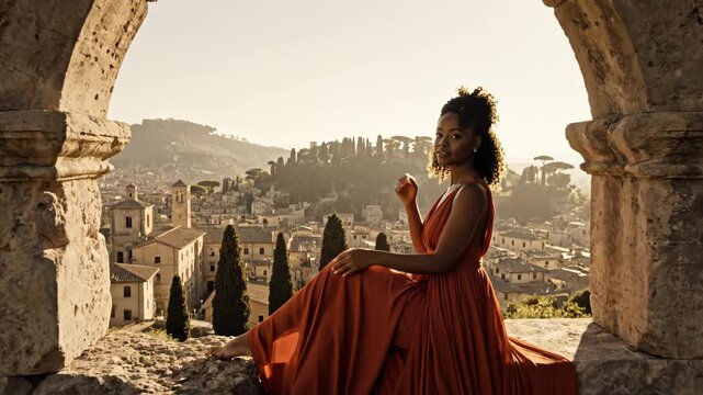 Woman in red dress at ancient ruins