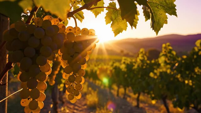 Sunlit grape clusters in vineyard