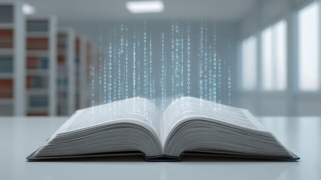 Open Book with Flowing Binary Code and Digital Graphics in Modern Study Environment