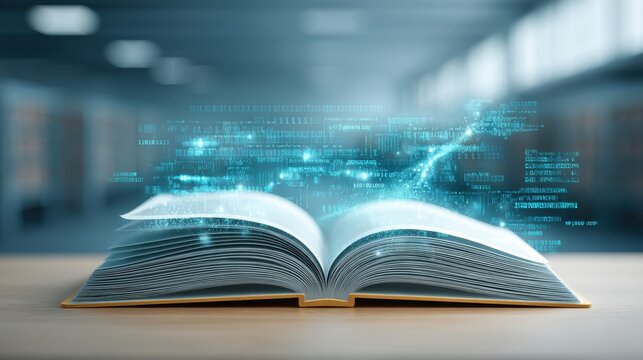 Open Textbook with Flowing Binary Code and Digital Graphics in a Library Setting