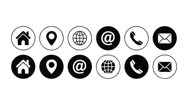 set of website contact icons in black and white