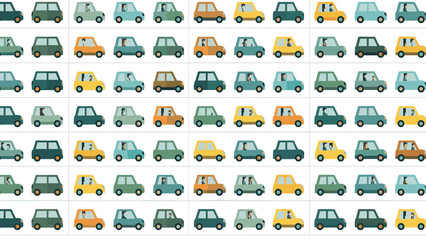 Obraz premium Seamless pattern of various small cars in different colors like blue, yellow, and green arranged in rows for transportation themes.