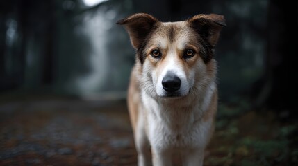 Fototapeta premium A loyal mixed breed dog gazes intensely forward from a misty forest path captured in atmospheric focus