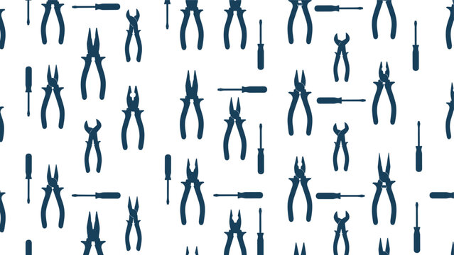 Industrial seamless pattern featuring dark blue silhouettes of various tools like pliers and screwdrivers on white.