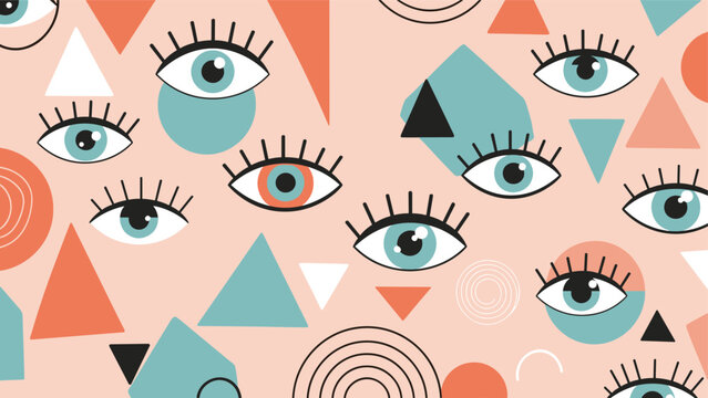 Artistic abstract pattern featuring blue eyes combined with various geometric shapes in peach and teal colors.