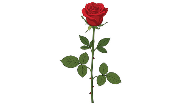 Detailed illustration of a single red rose flower on a long green stem with leaves and small thorns on a white background.