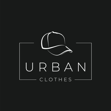 Urban Clothes Fashion Logo with Baseball Cap Line Art Rectangle Frame White on Dark Background Minimalist Vector