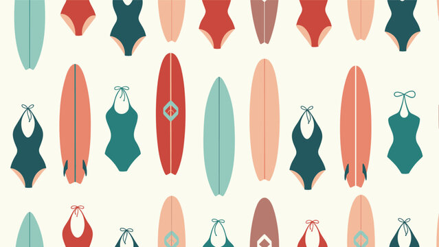 Seamless pattern featuring colorful surfboards and various swimsuits in a retro color palette on a cream background.