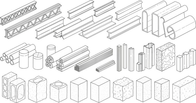 Construction materials outline vector set with steel beams concrete blocks and building elements illustration