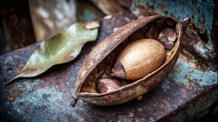 A single mature cacao pod split open revealing its precious beans within, a symbol of chocolate's origin.