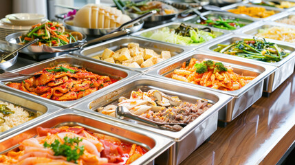 Variety of Traditional Asian Food Dishes Displayed in Stainless Steel Buffet Trays at a Modern Restaurant, Featuring Spicy Korean Kimchi, Stir-Fried Vegetables, Tofu, and Gourmet Catering Selections