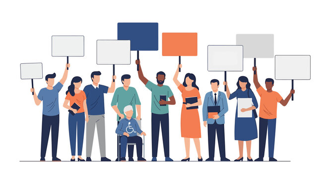 Diverse Group of People Protesting with Blank Signs. Vector Illustrations. EPS Editable