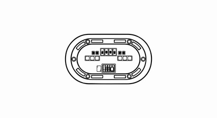 Fototapeta premium Top-down view line art of an oval-shaped poker table with seating areas and chip stacks