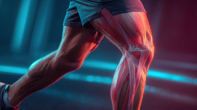 Close-up of an athlete's muscular leg in a dynamic sprint, showcasing anatomical detail and intense motion