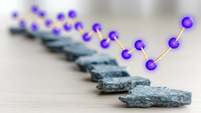 Hovering Molecular Chain Above Stone Steps Illustrating Progressive AI Capability Scaling.