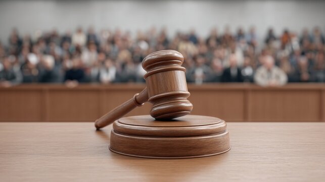 Gavel on Courtroom Stand with Audience in Background During a Legal Auction Scene