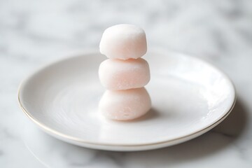 A few mochi ice cream treats neatly stacked on a serving plate.